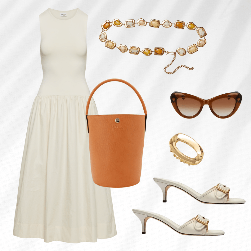 CREAM DROP WAIST DRESS WITH ORANGE BUCKET BAG AND STONE WAIST BELT