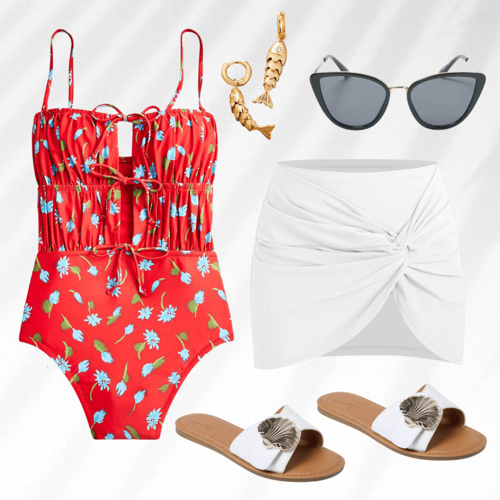 red floral one-piece swim with white skirt
